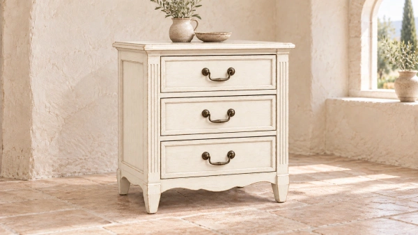 Provence noční stolek Noémie, bílá, ručně patinovaný nábytek ze smrkového masivu